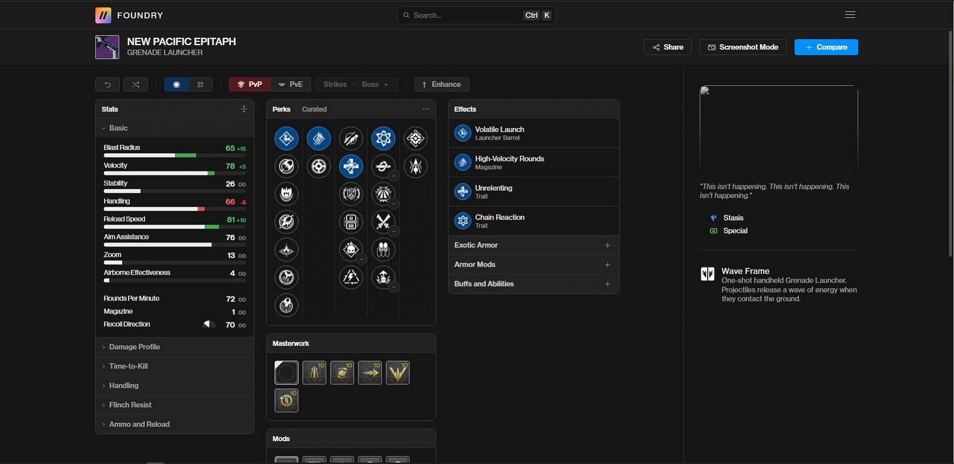 New Pacific Epitaph PvP god roll (Image via Bungie/D2Foundry)